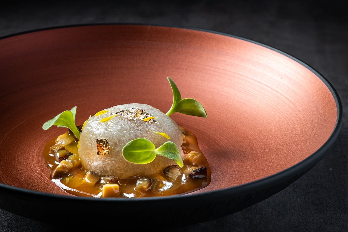 Bird’s nest stuffed winter melon ball with roasted duck sea cucumber sauce 